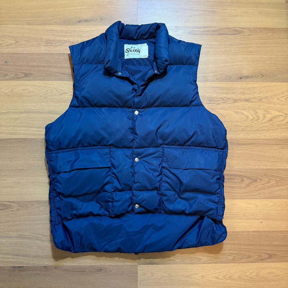 Men's Vintage 70's Skitique Navy Blue Snap Puffer Goose Down Winter Vest Sz L